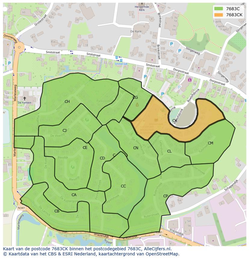 Afbeelding van het postcodegebied 7683 CK op de kaart.