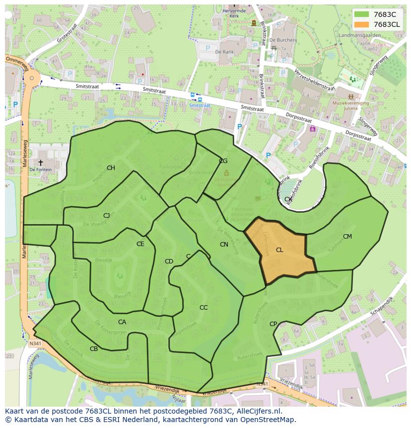 Afbeelding van het postcodegebied 7683 CL op de kaart.