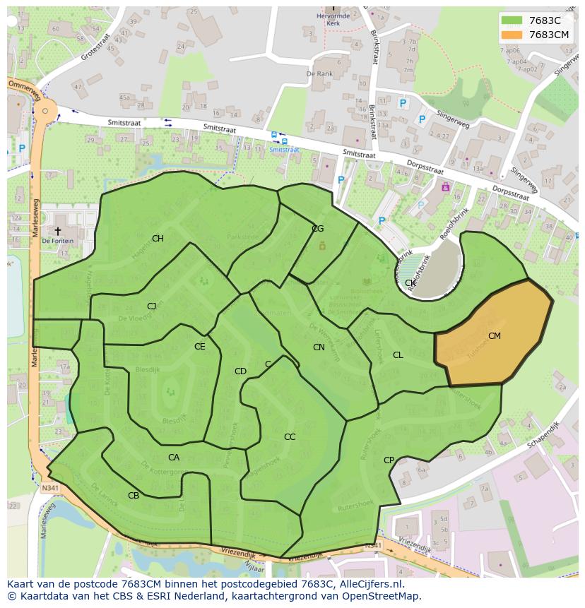Afbeelding van het postcodegebied 7683 CM op de kaart.