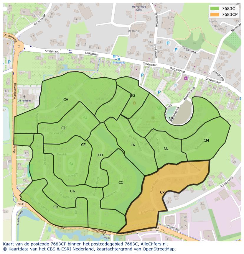 Afbeelding van het postcodegebied 7683 CP op de kaart.