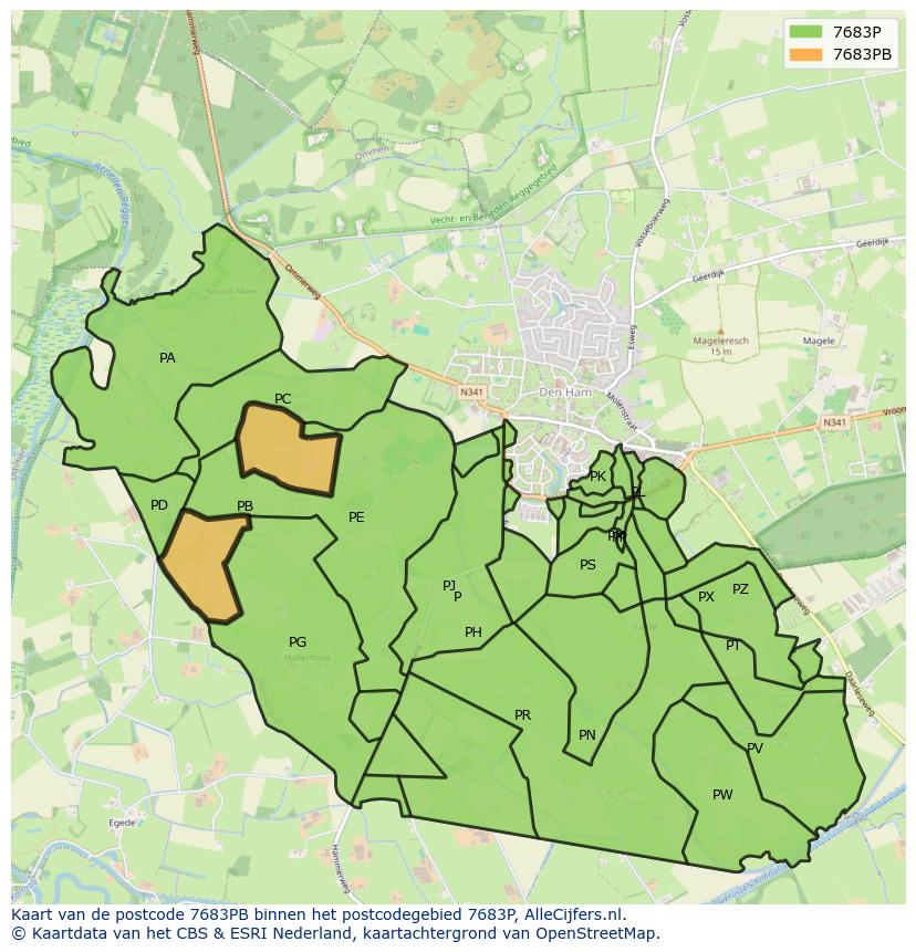 Afbeelding van het postcodegebied 7683 PB op de kaart.