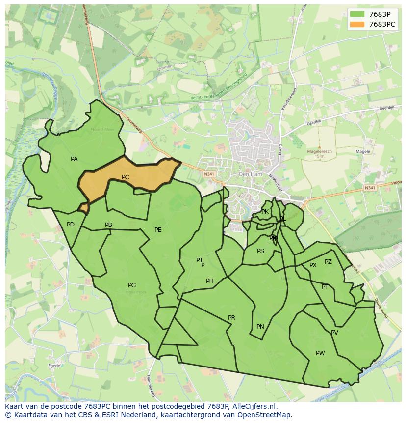 Afbeelding van het postcodegebied 7683 PC op de kaart.
