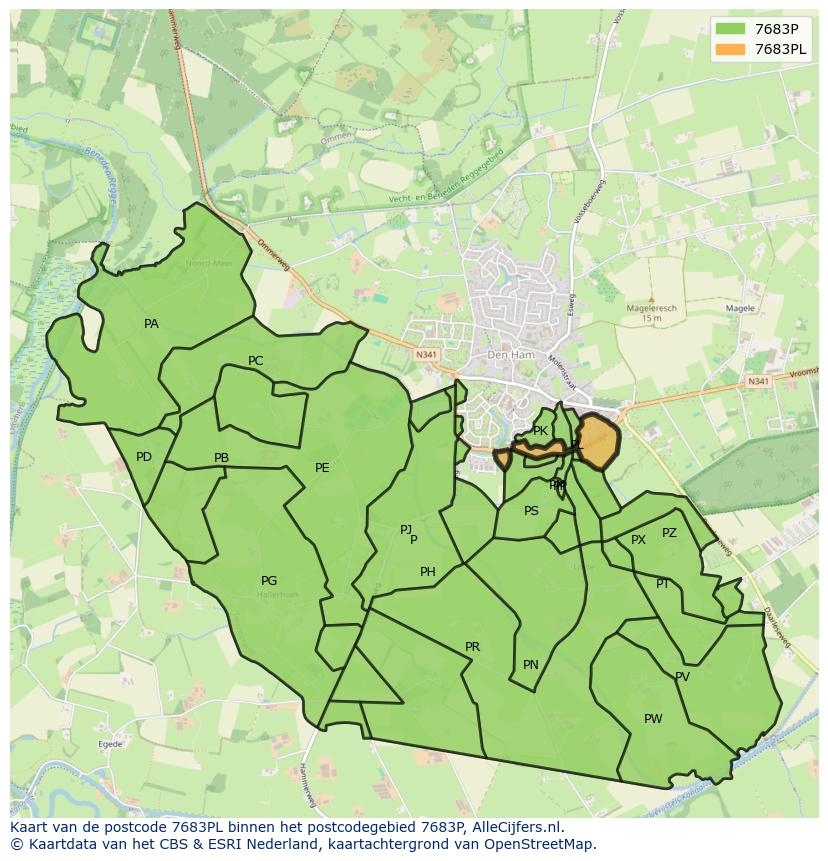 Afbeelding van het postcodegebied 7683 PL op de kaart.