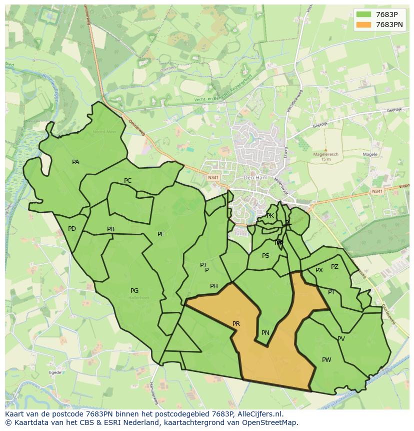 Afbeelding van het postcodegebied 7683 PN op de kaart.