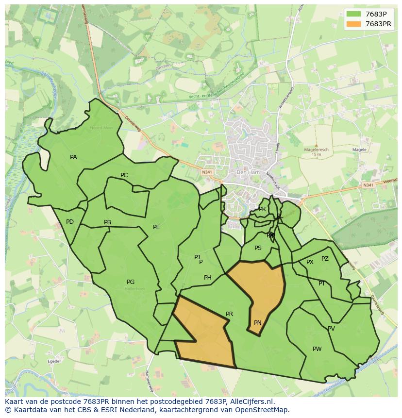 Afbeelding van het postcodegebied 7683 PR op de kaart.