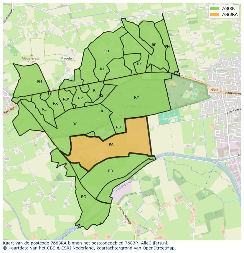Afbeelding van het postcodegebied 7683 RA op de kaart.
