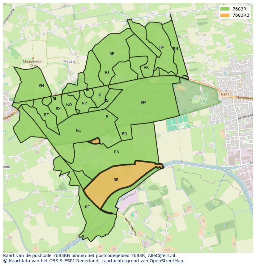 Afbeelding van het postcodegebied 7683 RB op de kaart.