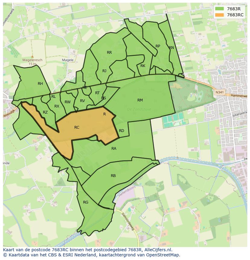 Afbeelding van het postcodegebied 7683 RC op de kaart.