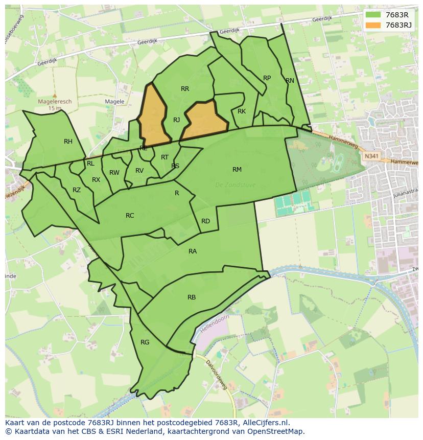 Afbeelding van het postcodegebied 7683 RJ op de kaart.
