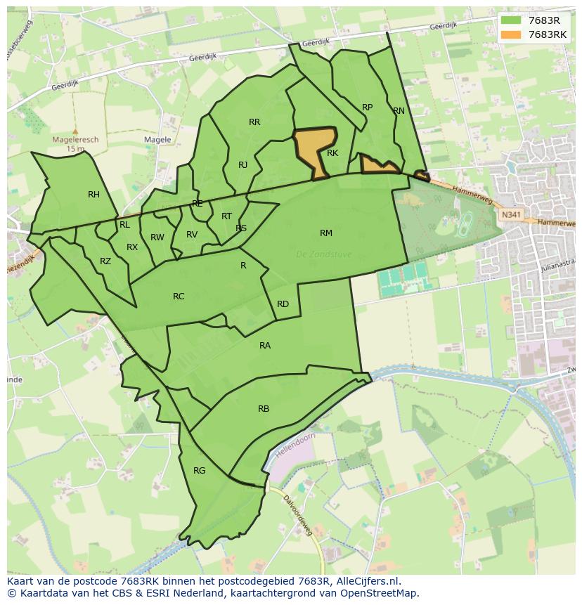 Afbeelding van het postcodegebied 7683 RK op de kaart.