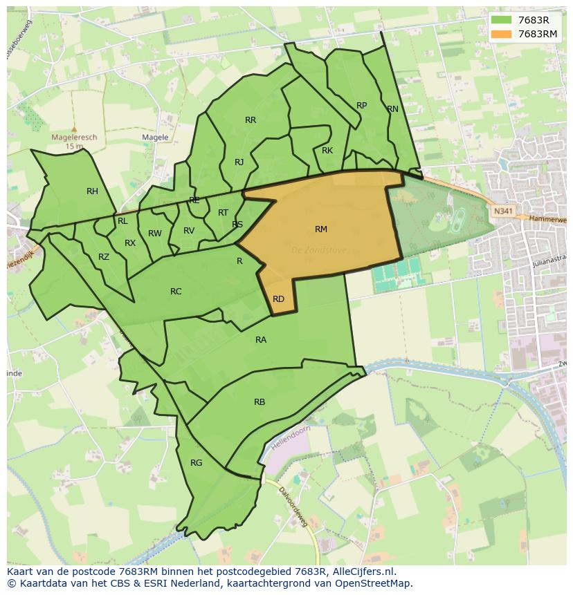 Afbeelding van het postcodegebied 7683 RM op de kaart.