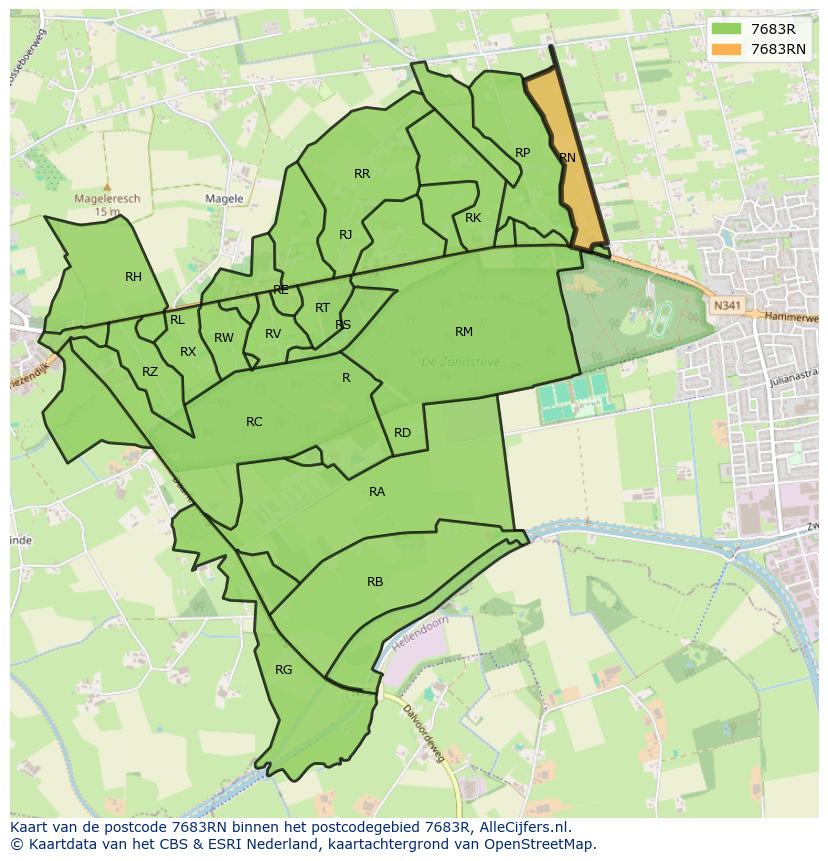 Afbeelding van het postcodegebied 7683 RN op de kaart.