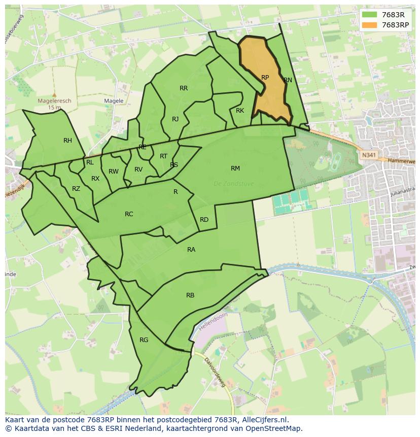 Afbeelding van het postcodegebied 7683 RP op de kaart.