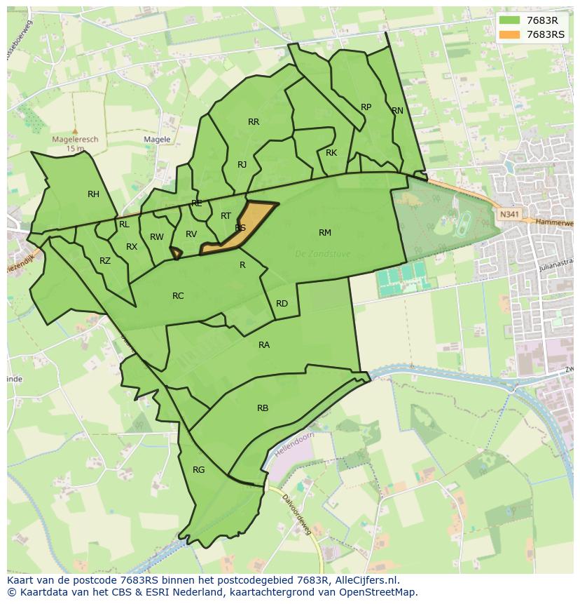 Afbeelding van het postcodegebied 7683 RS op de kaart.