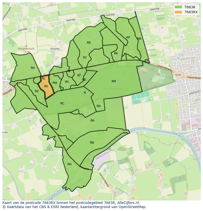 Afbeelding van het postcodegebied 7683 RX op de kaart.