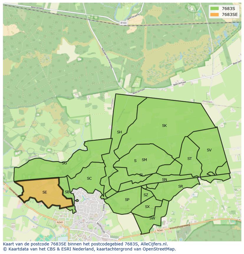 Afbeelding van het postcodegebied 7683 SE op de kaart.