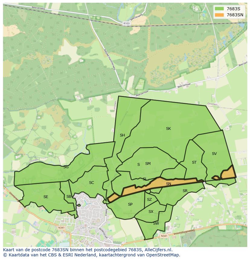 Afbeelding van het postcodegebied 7683 SN op de kaart.