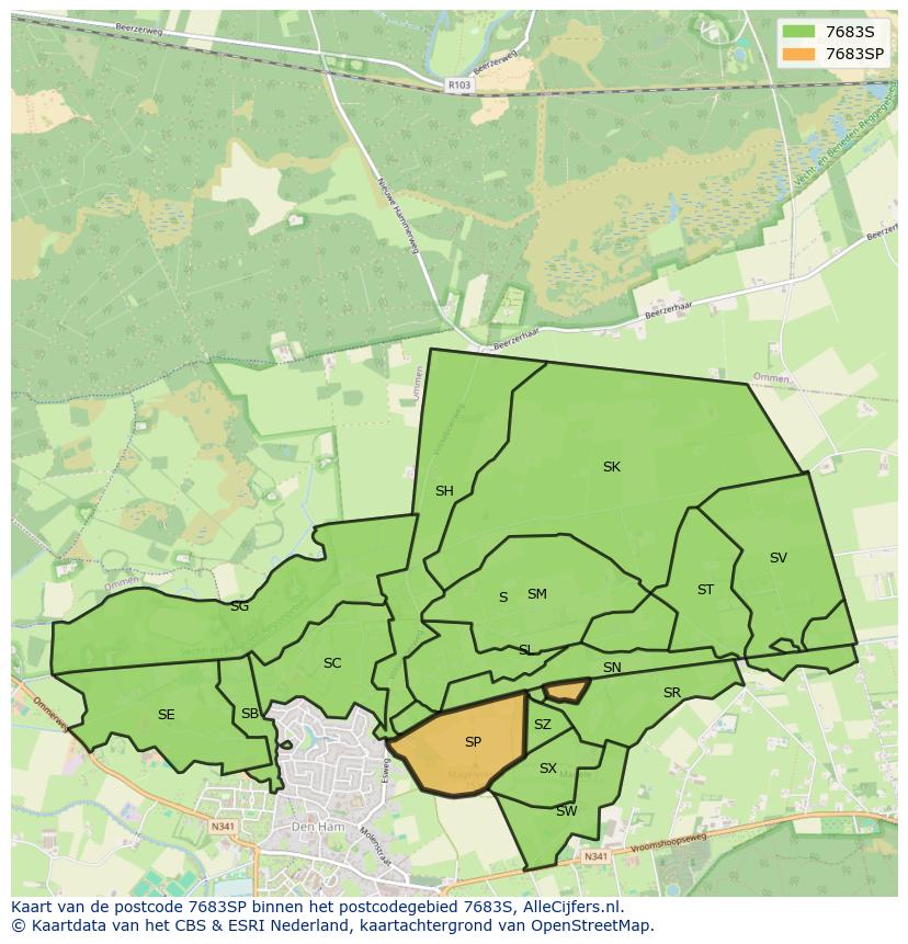 Afbeelding van het postcodegebied 7683 SP op de kaart.