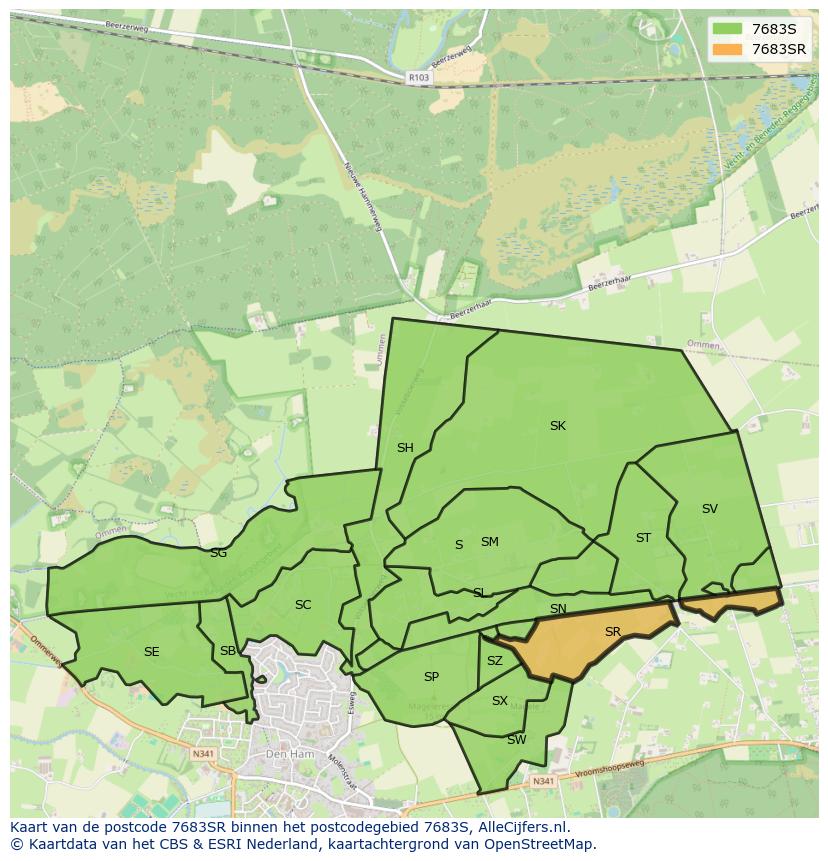 Afbeelding van het postcodegebied 7683 SR op de kaart.