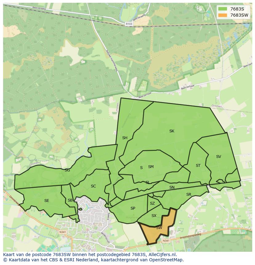 Afbeelding van het postcodegebied 7683 SW op de kaart.