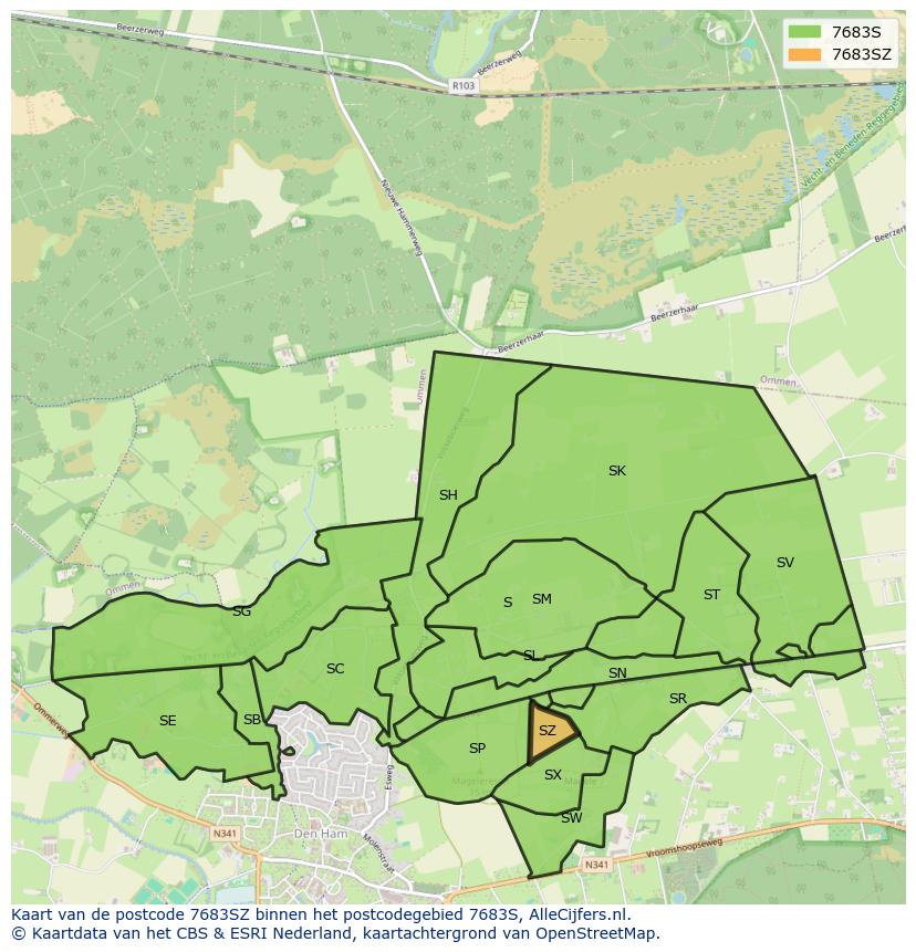 Afbeelding van het postcodegebied 7683 SZ op de kaart.