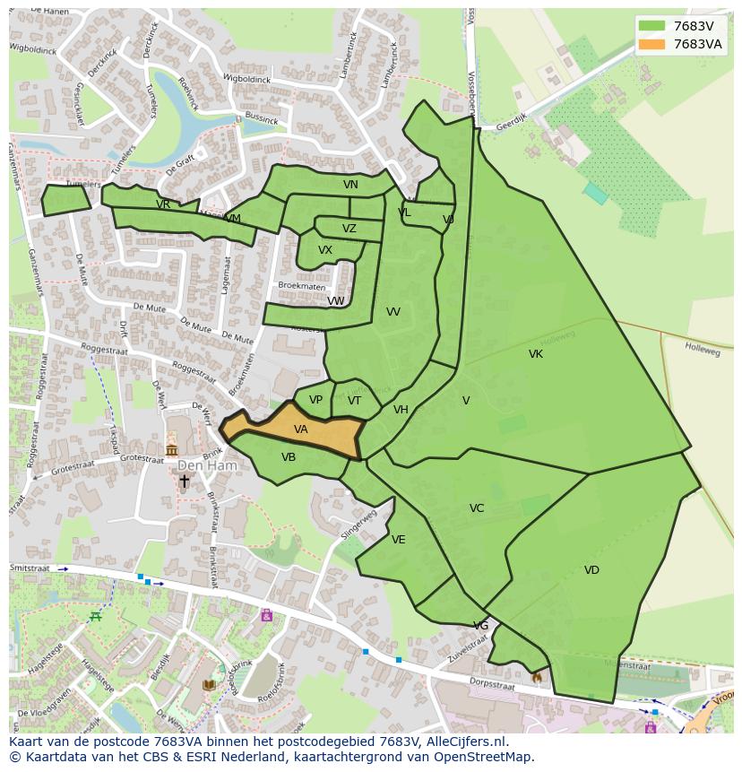 Afbeelding van het postcodegebied 7683 VA op de kaart.