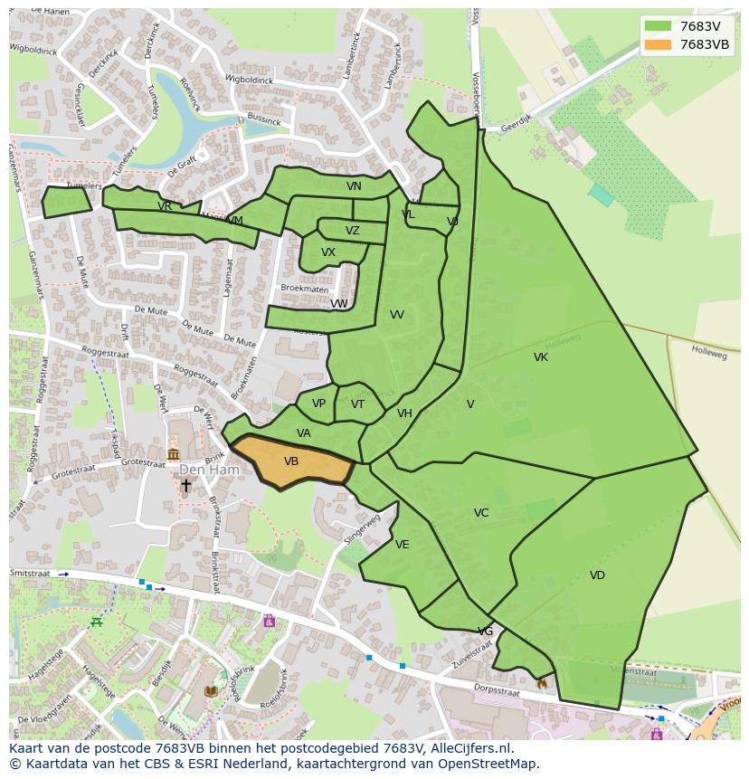 Afbeelding van het postcodegebied 7683 VB op de kaart.