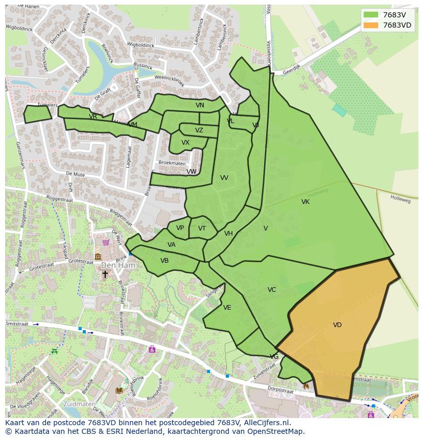 Afbeelding van het postcodegebied 7683 VD op de kaart.