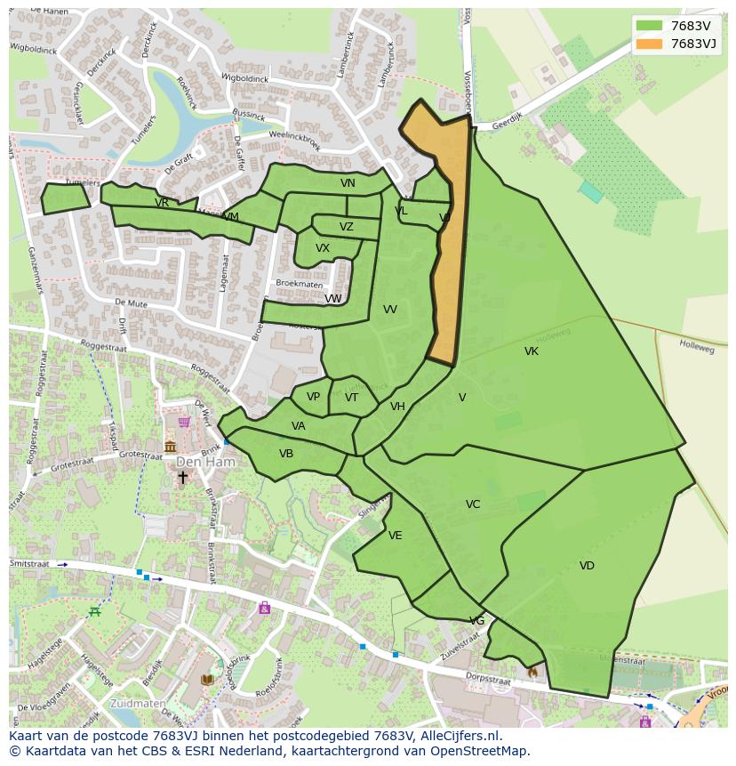 Afbeelding van het postcodegebied 7683 VJ op de kaart.
