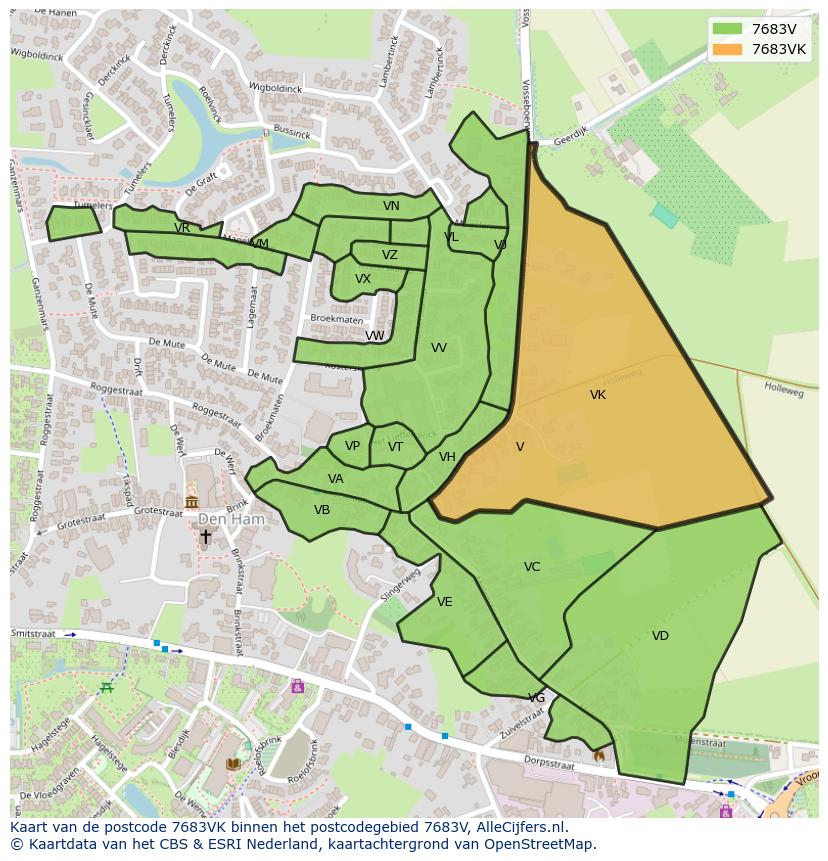 Afbeelding van het postcodegebied 7683 VK op de kaart.
