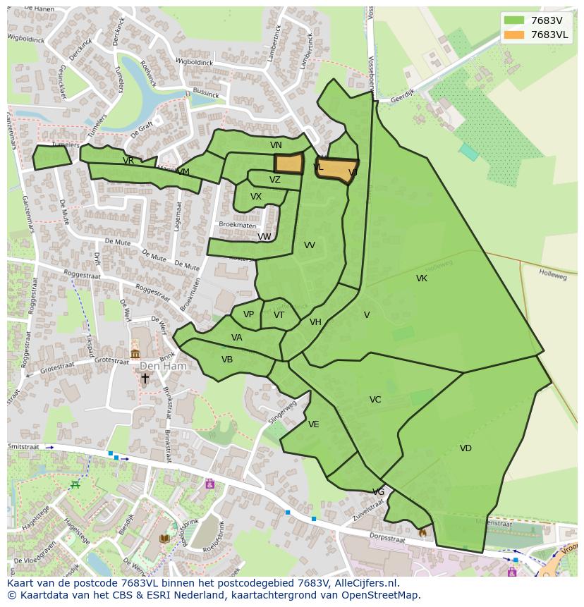Afbeelding van het postcodegebied 7683 VL op de kaart.