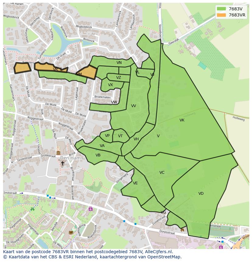 Afbeelding van het postcodegebied 7683 VR op de kaart.