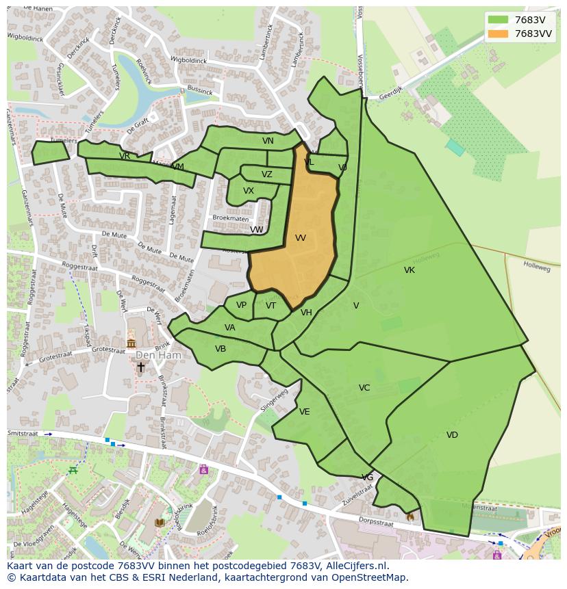 Afbeelding van het postcodegebied 7683 VV op de kaart.