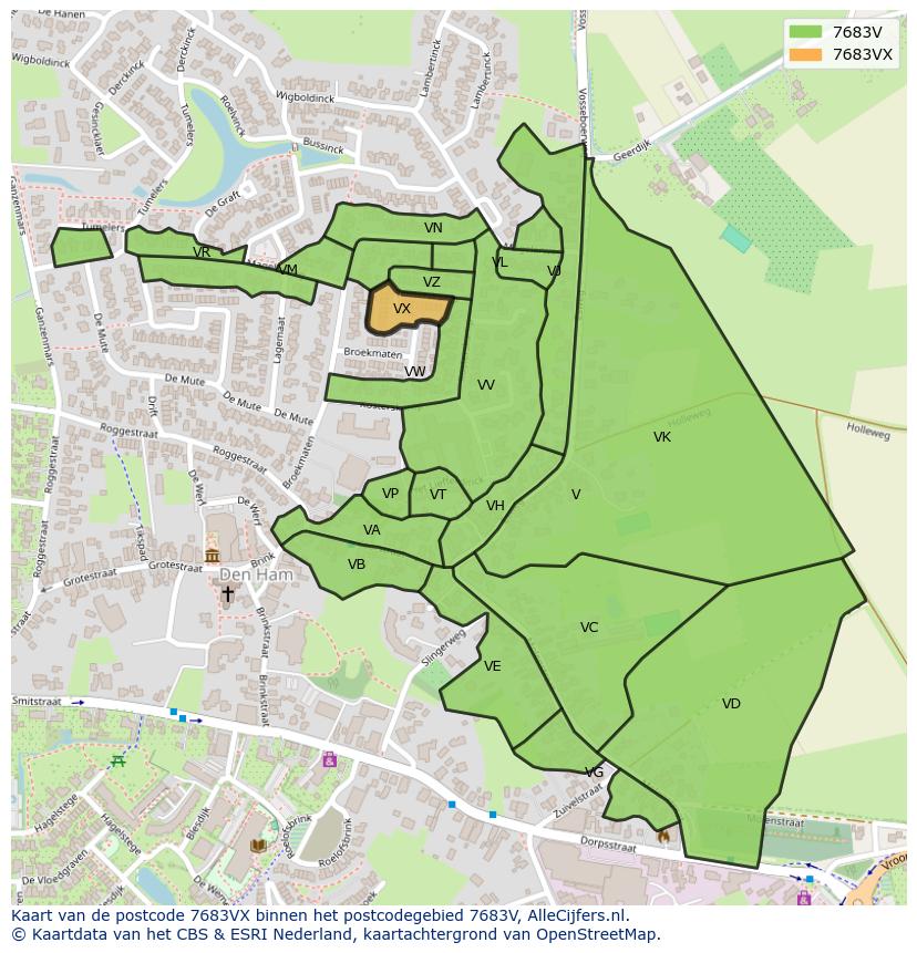 Afbeelding van het postcodegebied 7683 VX op de kaart.