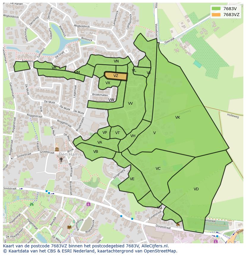 Afbeelding van het postcodegebied 7683 VZ op de kaart.