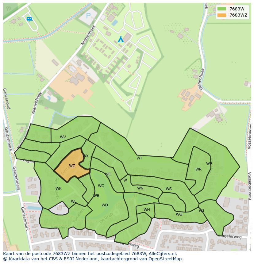 Afbeelding van het postcodegebied 7683 WZ op de kaart.