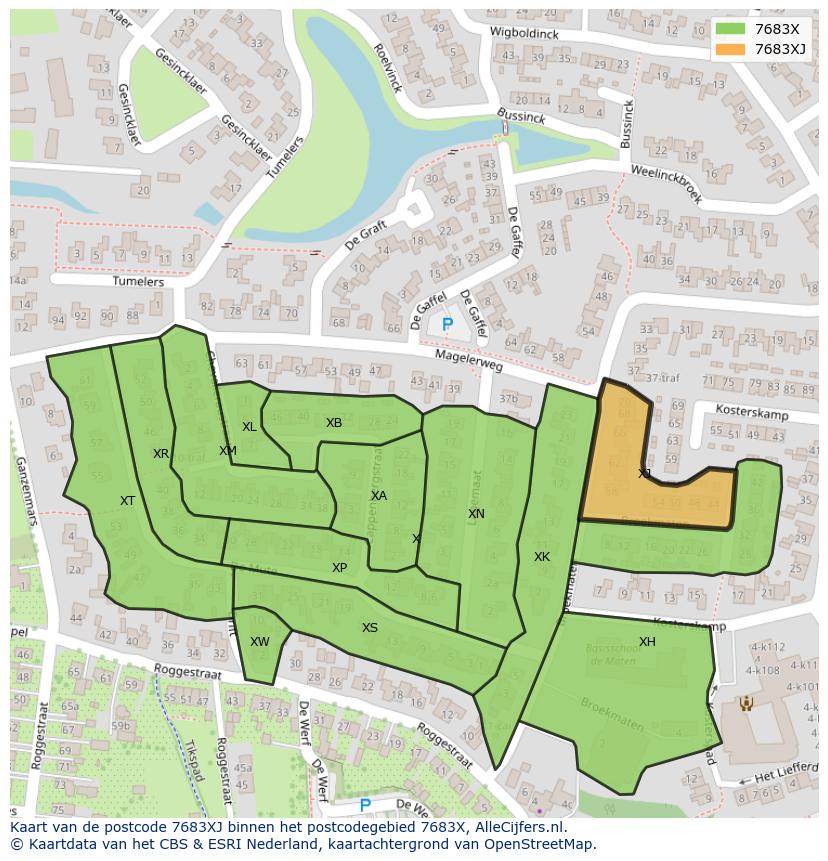 Afbeelding van het postcodegebied 7683 XJ op de kaart.