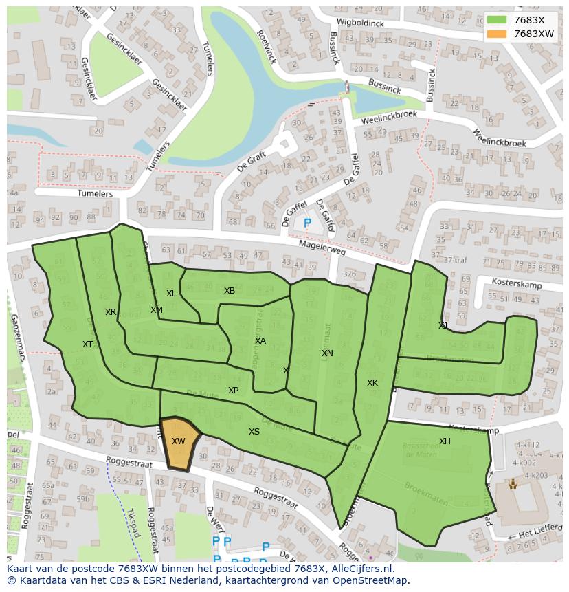 Afbeelding van het postcodegebied 7683 XW op de kaart.