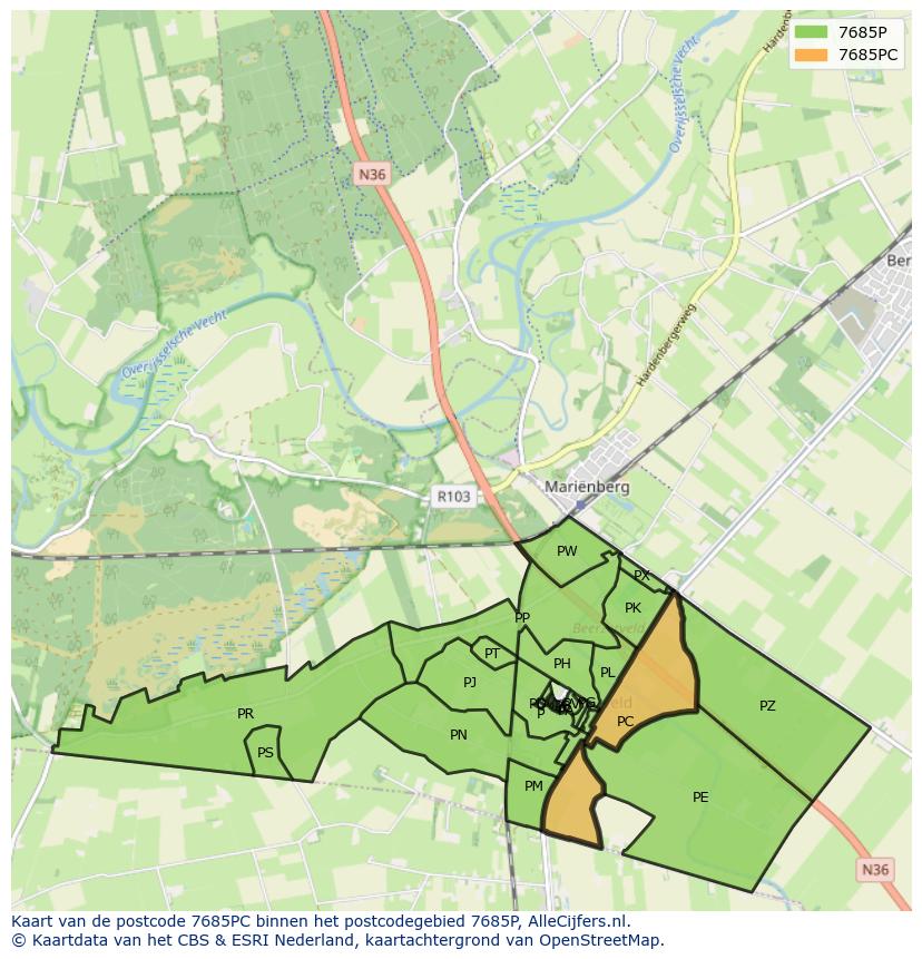 Afbeelding van het postcodegebied 7685 PC op de kaart.