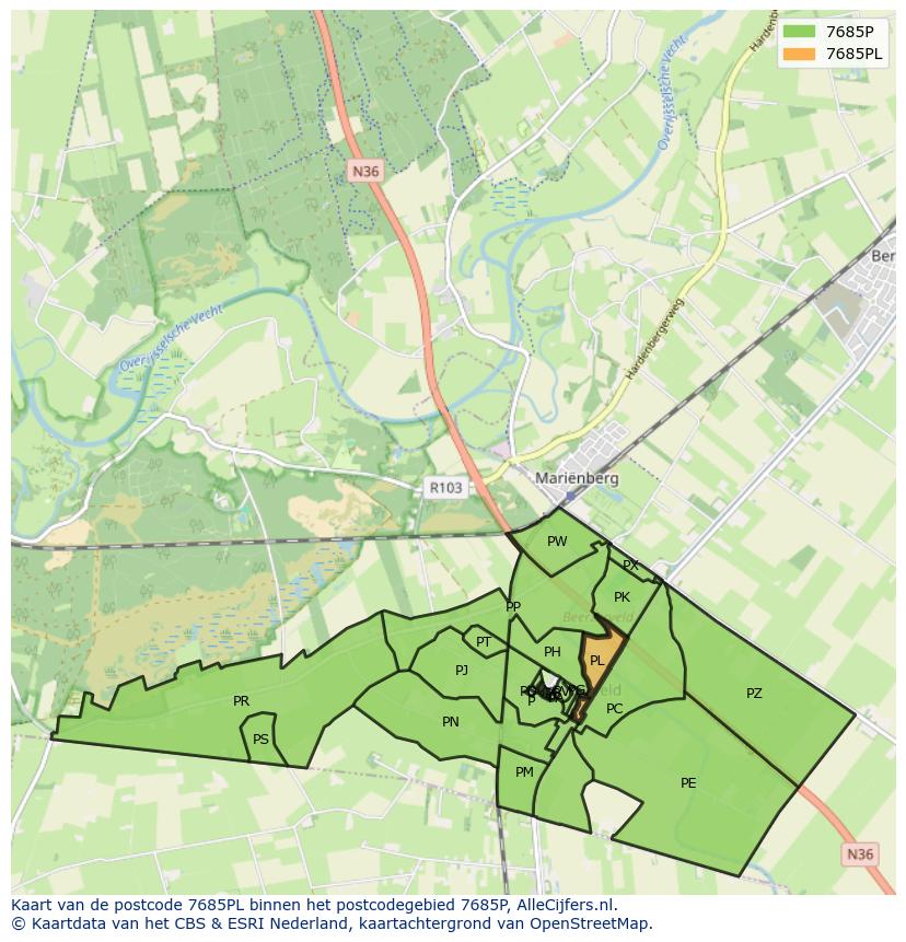 Afbeelding van het postcodegebied 7685 PL op de kaart.