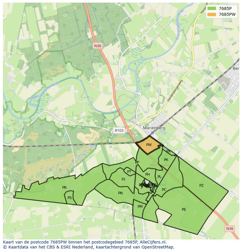Afbeelding van het postcodegebied 7685 PW op de kaart.