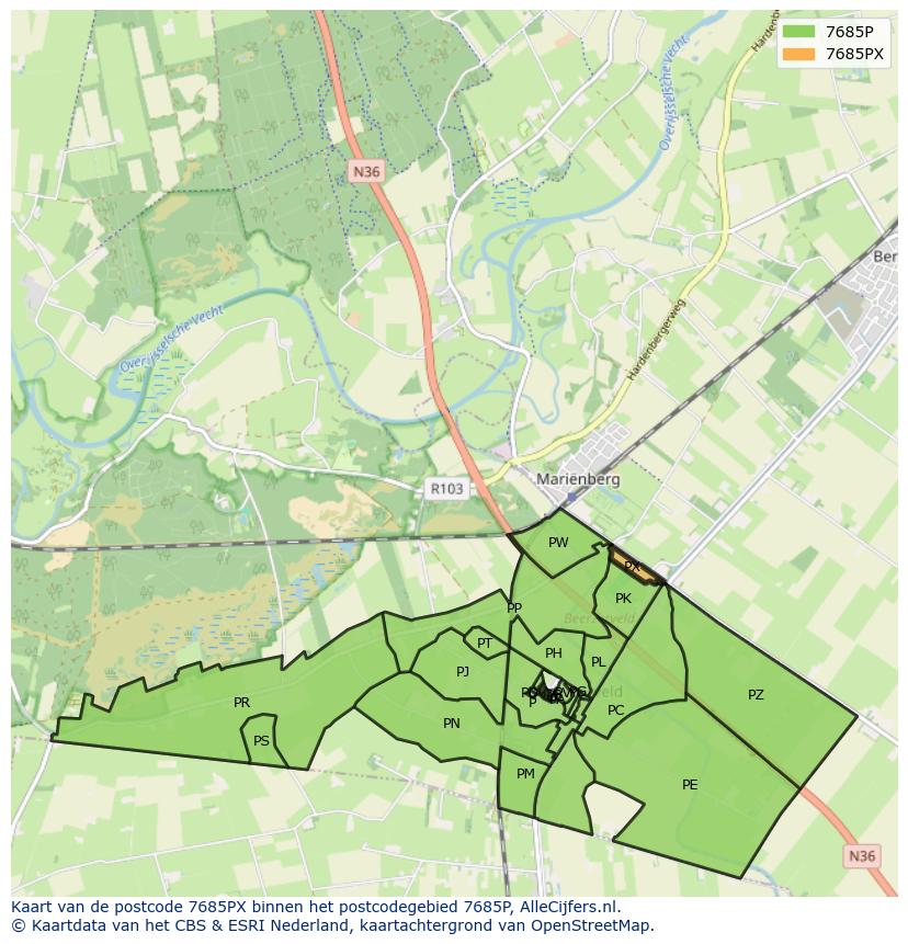 Afbeelding van het postcodegebied 7685 PX op de kaart.
