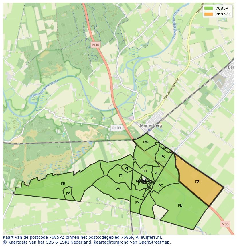 Afbeelding van het postcodegebied 7685 PZ op de kaart.