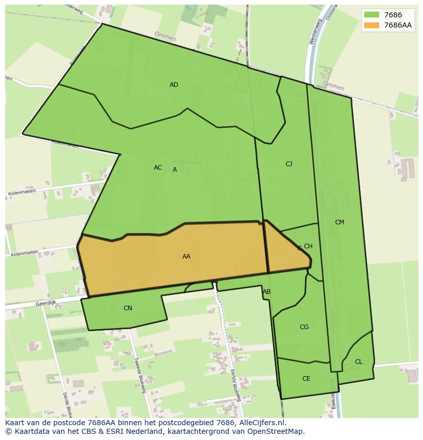 Afbeelding van het postcodegebied 7686 AA op de kaart.