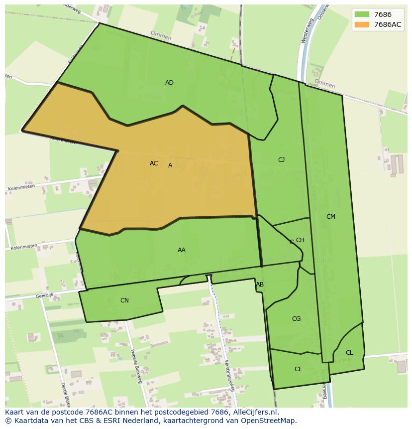 Afbeelding van het postcodegebied 7686 AC op de kaart.