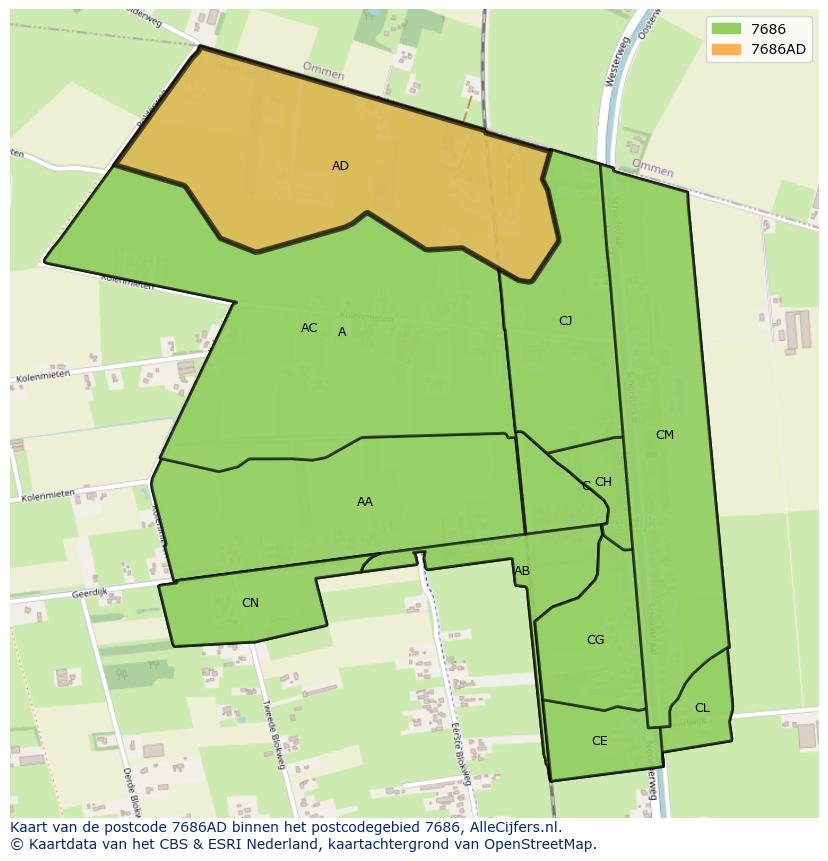 Afbeelding van het postcodegebied 7686 AD op de kaart.