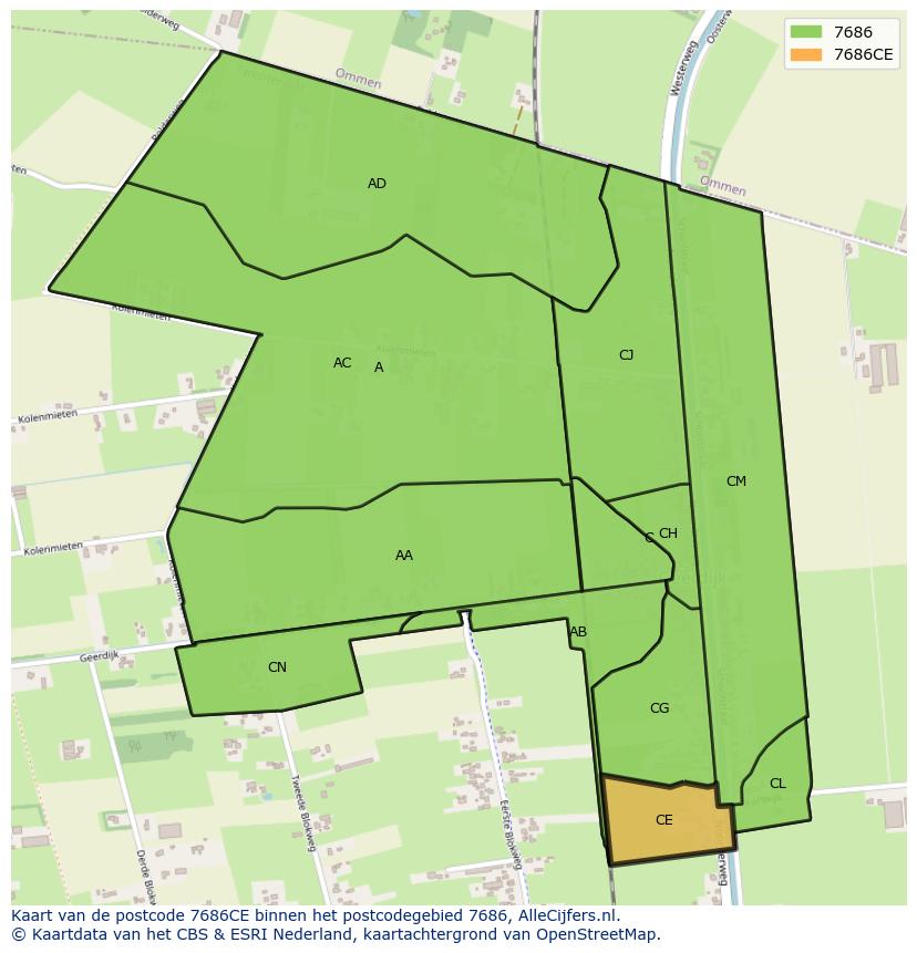 Afbeelding van het postcodegebied 7686 CE op de kaart.