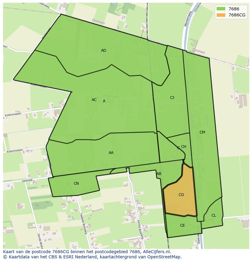 Afbeelding van het postcodegebied 7686 CG op de kaart.