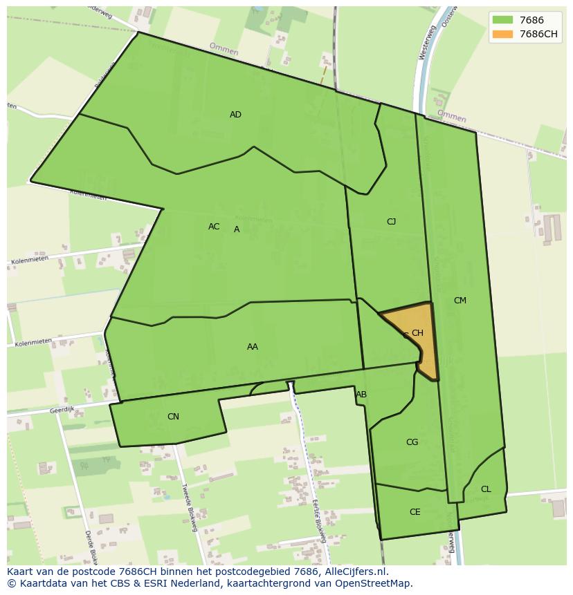 Afbeelding van het postcodegebied 7686 CH op de kaart.
