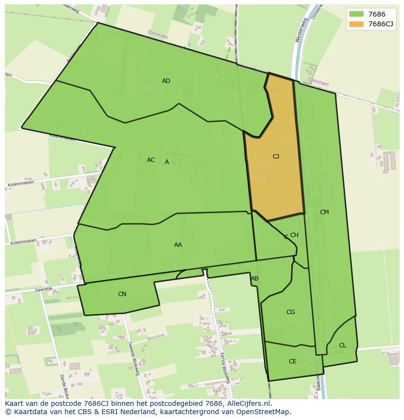 Afbeelding van het postcodegebied 7686 CJ op de kaart.